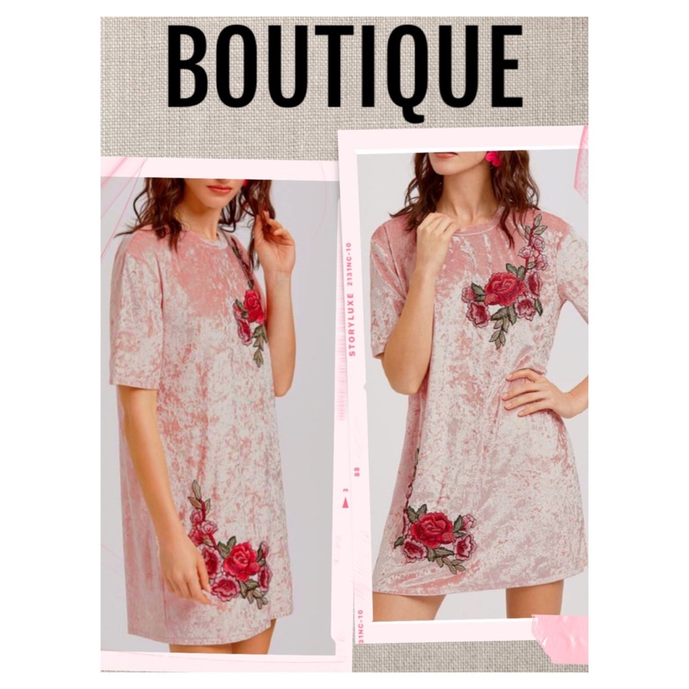 Dress Velvet Rose Spring Color Mini Dress with Embroidered Roses Appliqué Size S